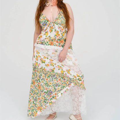 Women's Printed Halter Patchwork Hem Long Dress
