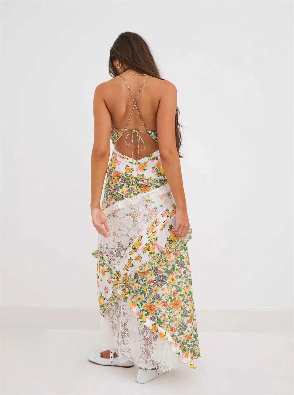 Women's Printed Halter Patchwork Hem Long Dress