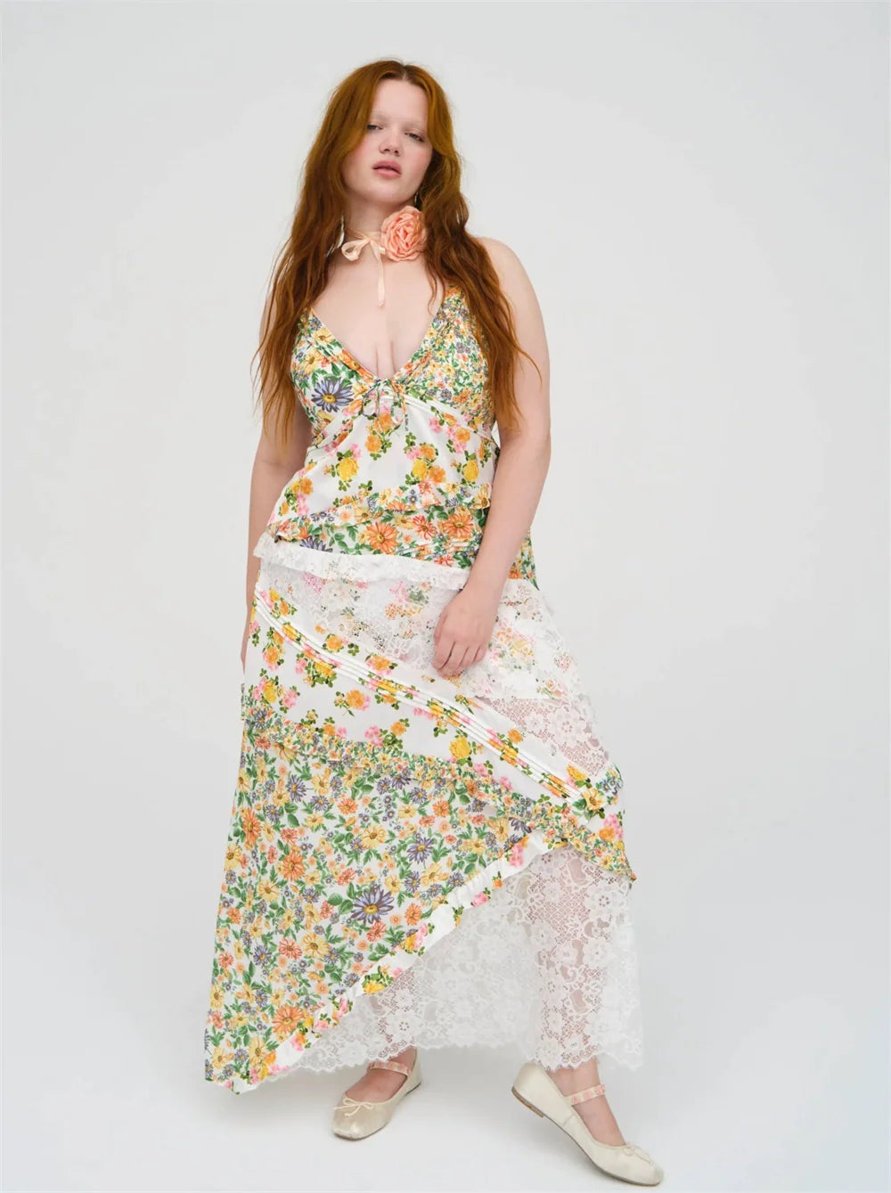 Women's Printed Halter Patchwork Hem Long Dress
