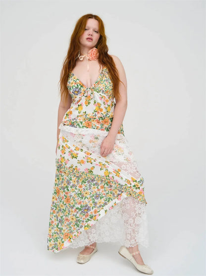 Women's Printed Halter Patchwork Hem Long Dress