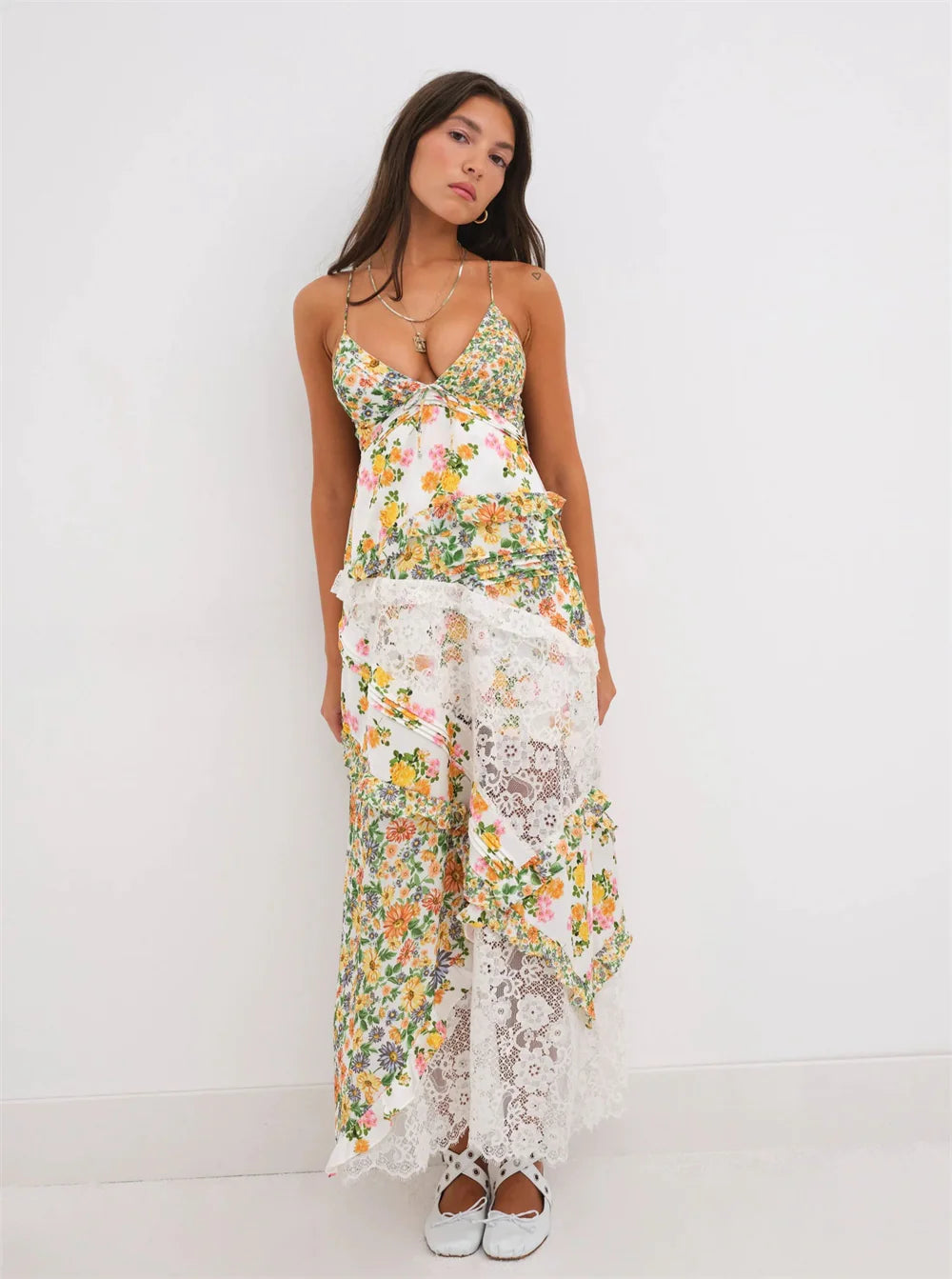 Women's Printed Halter Patchwork Hem Long Dress